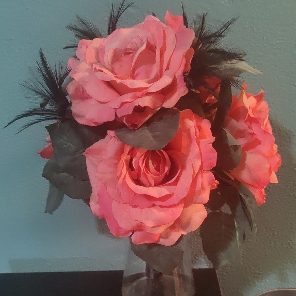Pink Rose Bridesmaid Bouquet | Wedding Flowers | Black Feather Accents